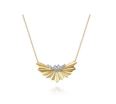14K White & Yellow Gold Radiant Fan Diamond Cut and Cluster Diamond Bar Necklace