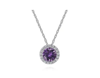 14K White Gold Amethyst and Diamond Halo Pendant Necklace