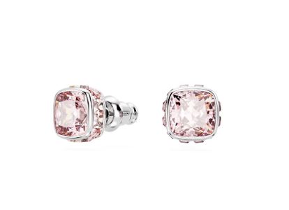 Birthstone stud earrings Square cut, June, Pink, Rhodium plated