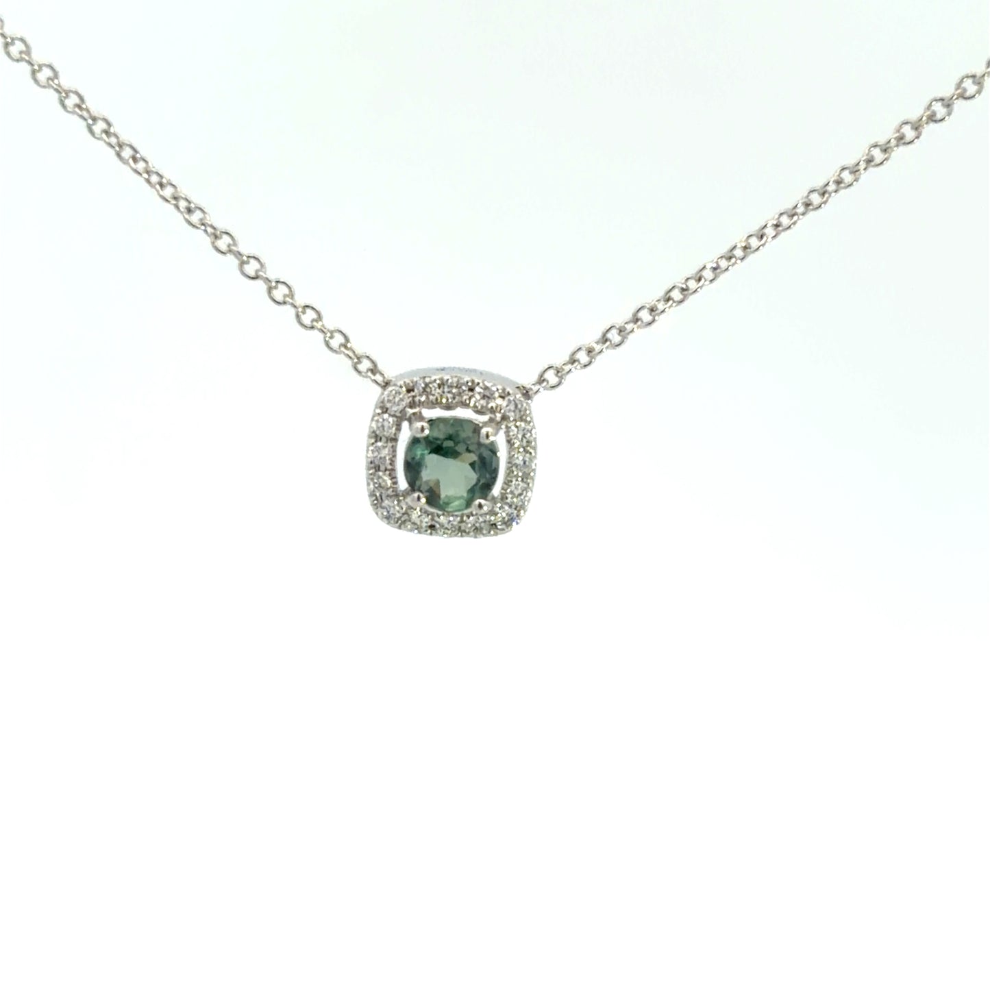 Lady's White 14 Karat Halo Necklace Length 18 With One = 0.26Ct Round Alexandrite And 16 = 0.07Twt Round H Si1 Diamonds