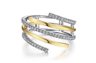 14K White-Yellow Gold Plain and Diamond Row Statement Ring