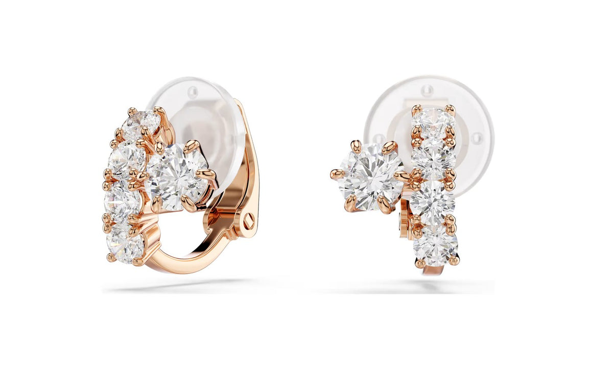 Matrix clip earrings Round cut, White, 18K rose gold finish