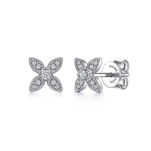 14k White Gold Diamond Flower Stud Earrings