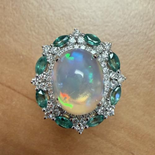 5ct Mexican Jelly Opal 1ct Diamond 0.80ct Emerald 18KW Gold