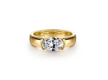 14k Yellow Gold Half Bezel East West Oval Diamond Engagement Ring