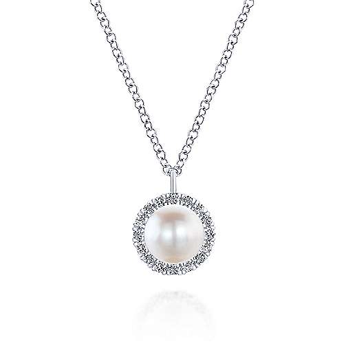 14K White Gold Cultured Pearl and Diamond Halo Pendant Necklace
