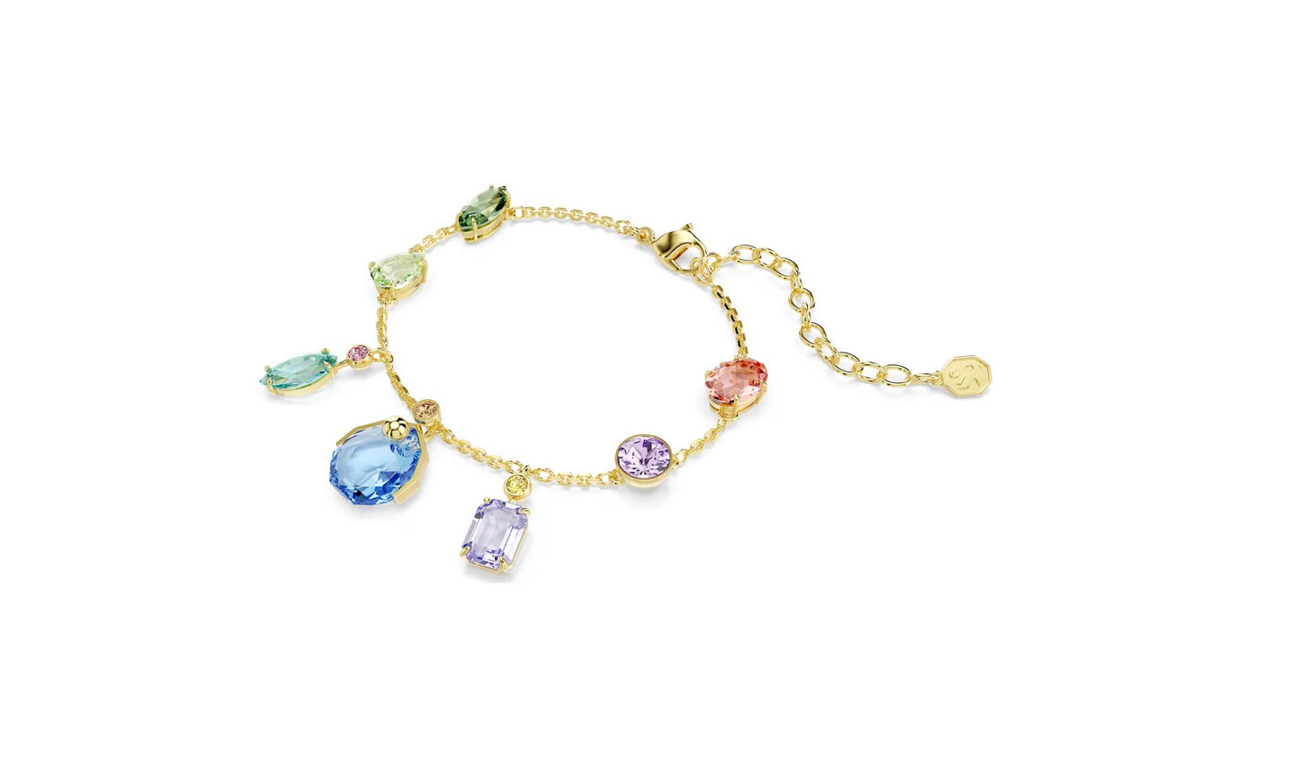 Gema bracelet Mixed cuts, Dangling crystals, Multicolored, Gold-tone plated