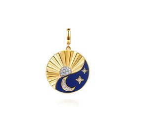 14K White and Yellow Gold Diamond and Diamond Cut Medallion With Detachable Bail with Chrome Blue Enamel