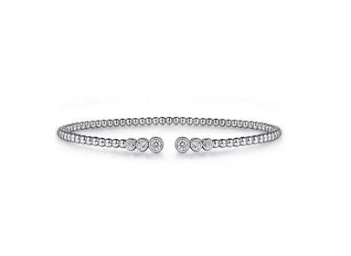 14K White Gold Bujukan Bead Split Cuff Bracelet with Bezel Set Diamonds