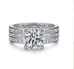 14k White Gold Round Wide Band Engagement Ring - 1.21 ct