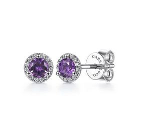 14K White Gold Amethyst and Diamond Halo Stud Earrings