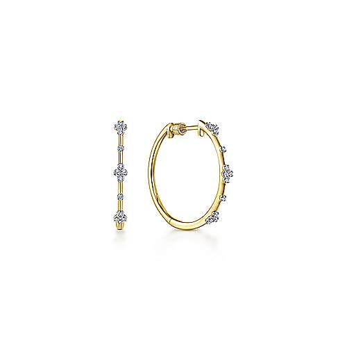 14k Yellow Gold Prong Set 20mm Round Classic Diamond Hoop Earrings