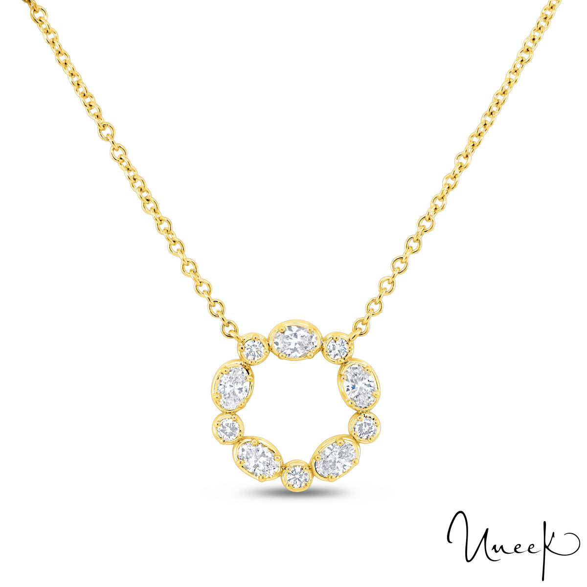 Lady's Yellow 18 Karat Free Form Pendant Length 18 With 5 = 0.16Tw Round G Vs2 Diamonds And 5 = 0.69Tw Oval G Vs2 Diamonds