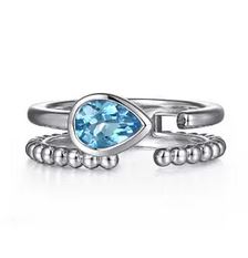 925 Sterling Silver Pear Blue Topaz Bujukan Open Ring