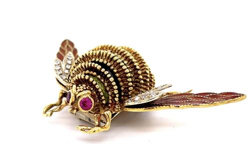 Italian Frascarolo 0.40ct Diamond 0.30ct Ruby + Enamel 18KY Bee Brooch Pin (Vintage 1960s)