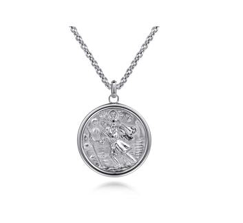22 Inch 925 Sterling Silver Round St. Christopher Protect US Pendant Necklace