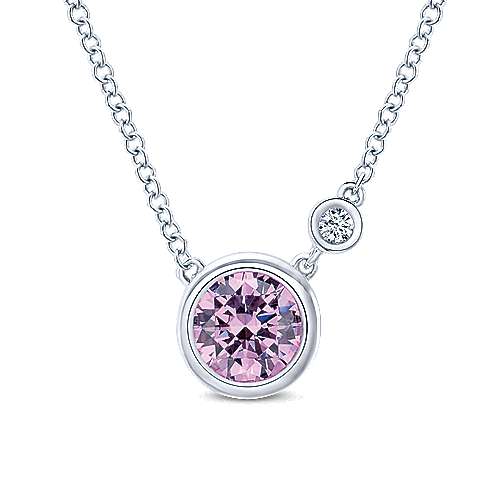 925 Sterling Silver Bezel Set Pink Created Zircon and Diamond Necklace