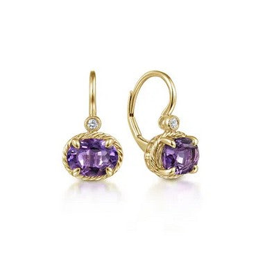 14K Yellow Gold Oval Amethyst and Diamond Leverback Earrings