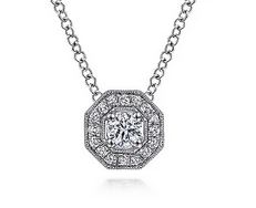14K White Gold Round Diamond Octagonal Halo Pendant Necklace