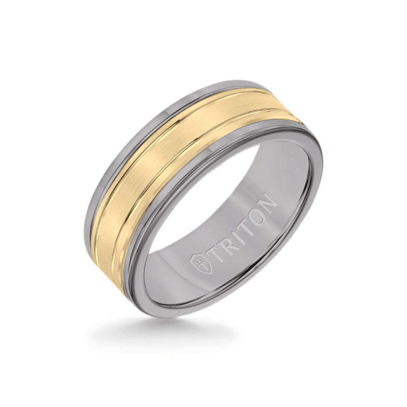 Triton 8MM Grey Tungsten Carbide Ring - Double Engraved 14K Yellow Gold Insert with Round Edge