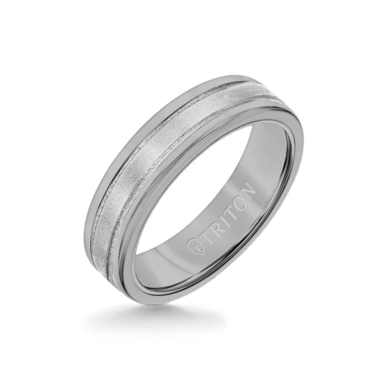 Triton 6MM Grey Tungsten Carbide Ring - Step Edge 14K White Gold Insert with Round Edge