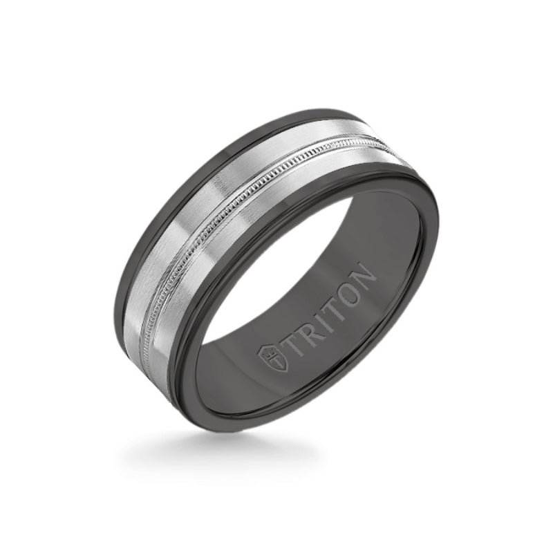 Triton 8MM Black Tungsten Carbide Ring - Center Milgrain 14K White Gold Insert with Round Edge