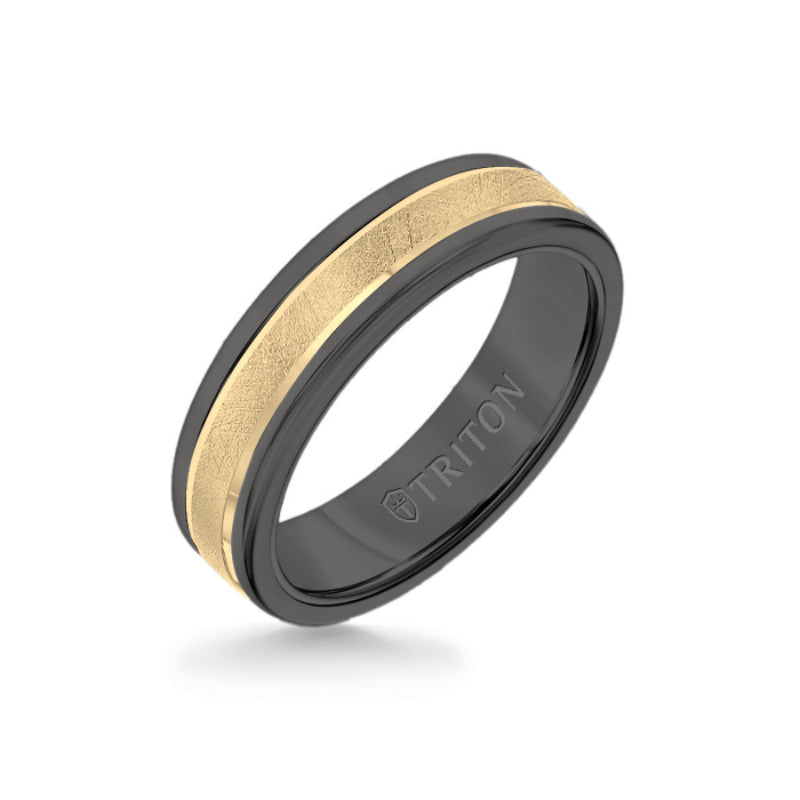 Triton 6MM Black Tungsten Carbide Ring - Crystalline 14K Yellow Gold Insert with Round Edge