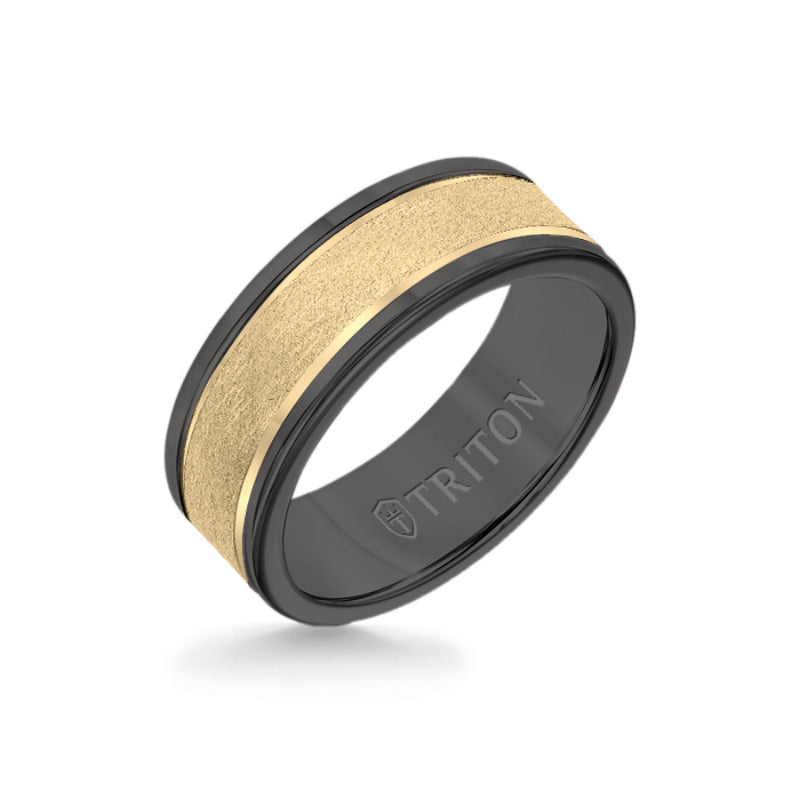 Triton 8MM Black Tungsten Carbide Ring - Crystalline 14K Yellow Gold Insert with Round Edge