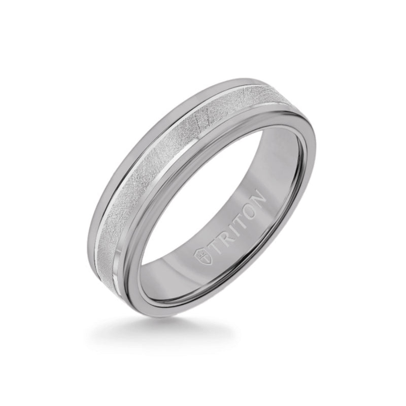Triton 6MM Grey Tungsten Carbide Ring - Crystalline 14K White Gold Insert with Round Edge