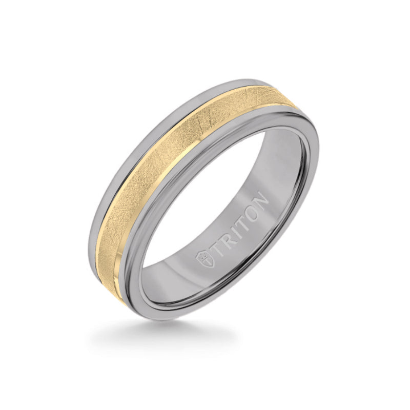 Triton 6MM Grey Tungsten Carbide Ring - Crystalline 14K Yellow Gold Insert with Round Edge