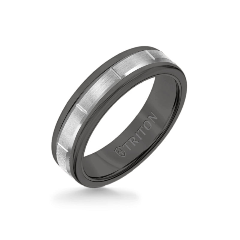 Triton 6MM Black Tungsten Carbide Ring - Vertical Cut 14K White Gold insert with Round Edge