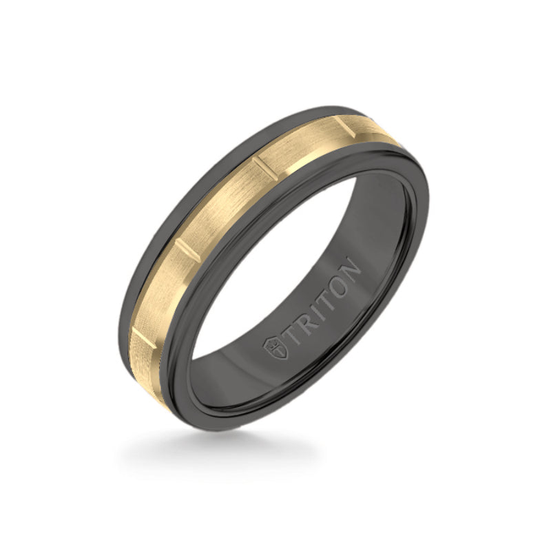 Triton 6MM Black Tungsten Carbide Ring - Vertical Cut 14K Yellow Gold insert with Round Edge