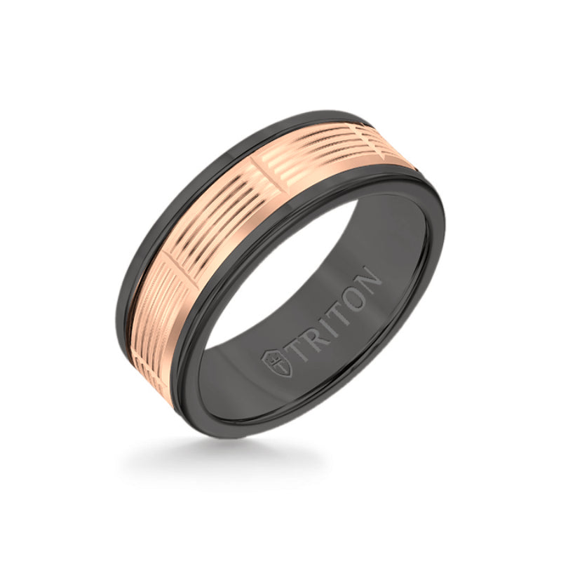 Triton 8MM Black Tungsten Carbide Ring - Serrated Vertical Cut 14K Rose Gold Insert with Round Edge
