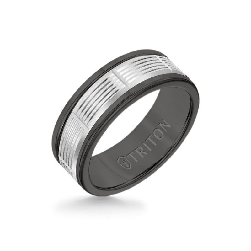 Triton 8MM Black Tungsten Carbide Ring - Serrated Vertical Cut 14K White Gold Insert with Round Edge