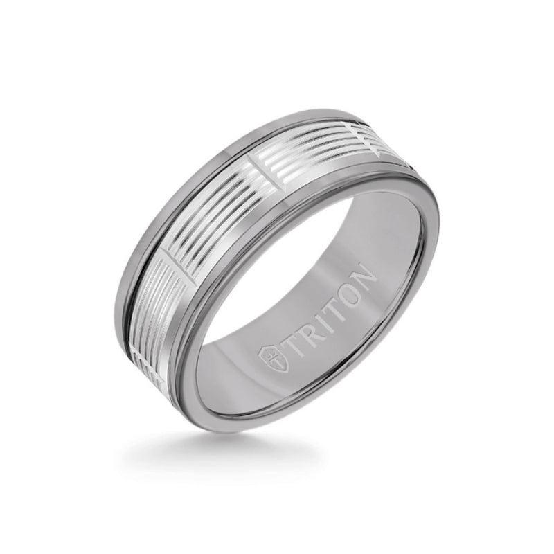 Triton 8MM Grey Tungsten Carbide Ring - Serrated Vertical Cut 14K White Gold Insert with Round Edge