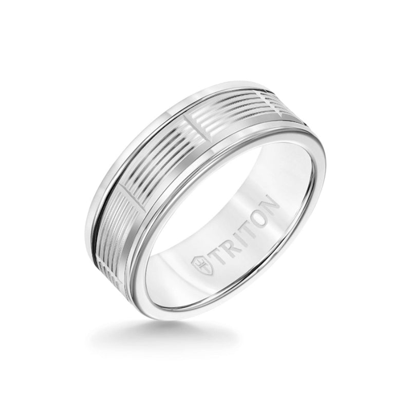 Triton 8MM White Tungsten Carbide Ring - Serrated Vertical Cut 14K White Gold Insert with Round Edge