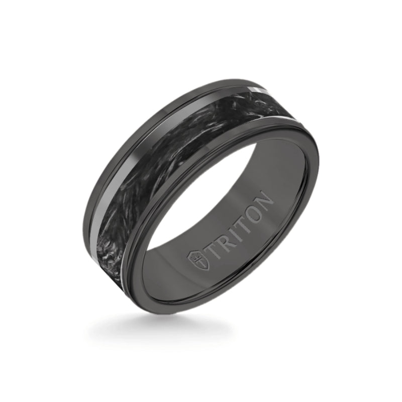 Triton 8MM Black Tungsten Carbide Ring - Forged Carbon and Titanium Off Center Insert with Round Edge