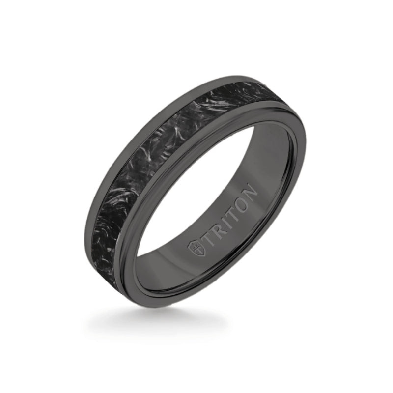 Triton 6MM Black Tungsten Carbide Ring - Forged Carbon Flat Insert with Round Edge