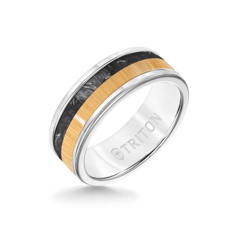 Triton 8MM White Tungsten Carbide Ring - Forged Carbon and Maple Wood Dome Fusion Insert with Round Edge