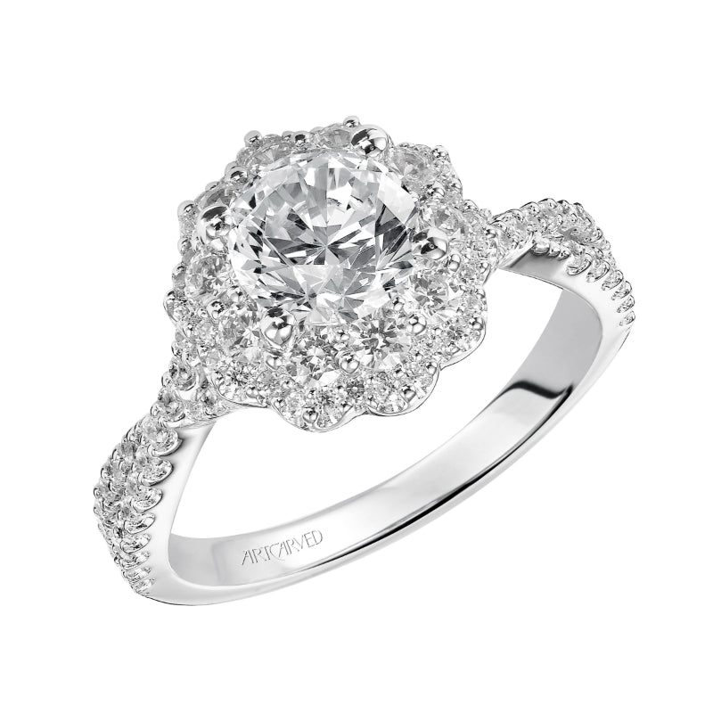 Artcarved Bridal Mounted with CZ Center Contemporary Floral Halo Engagement Ring Natasha 14K White Gold