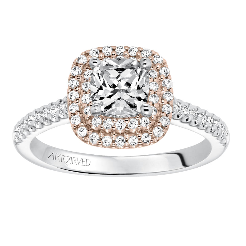 Artcarved Bridal Mounted with CZ Center Classic Halo Engagement Ring Avril 14K White Gold Primary & 14K Rose Gold