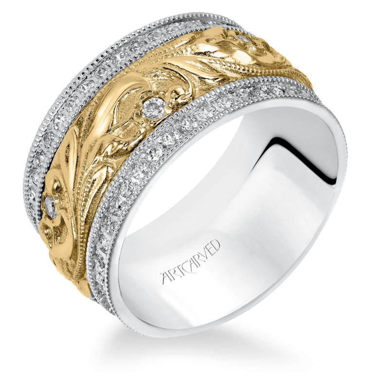 Artcarved Bridal Mounted with Side Stones Vintage Diamond Anniversary Band Royalty 14K White Gold Primary & 14K Yellow Gold