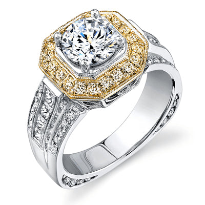 Simon G. Halo 18k Two Tone Gold Round Cut Engagement Ring