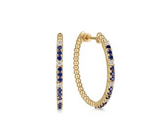 14K Yellow Gold Diamond and Blue Sapphire Bujukan 30mm Hoop Earrings