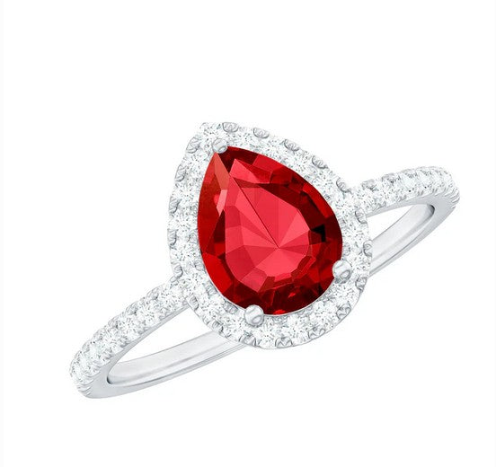 Lady's White 18 Karat Halo Fashion Ring Size 6.5 With One = 0.68Ct Pear Ruby And 22 = 0.50Tw Round H Si1 Diamonds