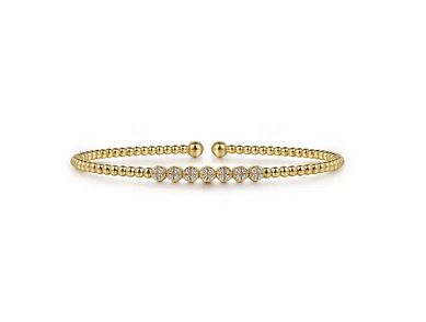 14K Yellow Gold Bujukan Bead Cuff Bracelet with Cluster Diamond Stations