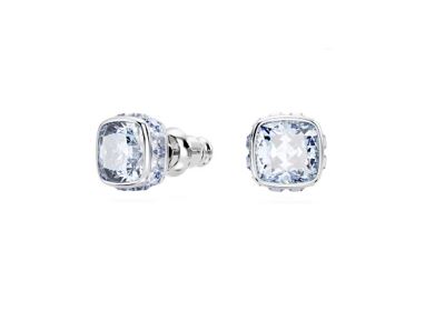 Birthstone stud earrings Square cut, March, Blue, Rhodium plated