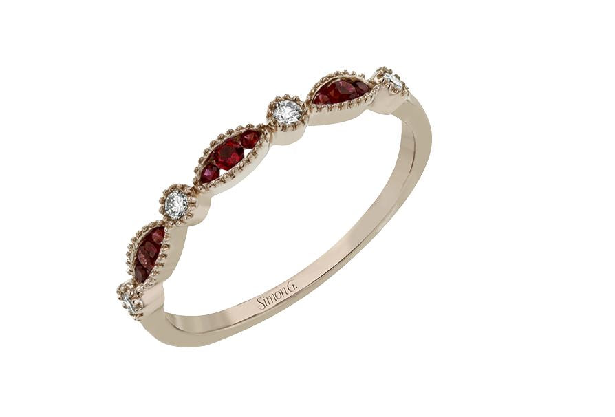 Lady's Rosé 14 Karat Stackable Fashion Ring Size 6.5 With = 0.14Twt Round Rubies And 4 = 0.08Twt Round G Vs1 Diamonds