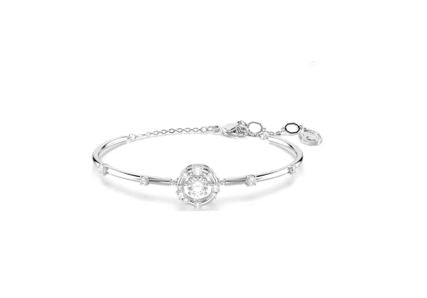 Constella bangle Round cut, Dancing stone, White, Rhodium plated