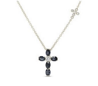 14K White Uneek Precious Collection Cross Round Blue Sapphire Religious Pendant